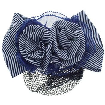 HB HairJewels - Lucy Collection - Black Lace Snood with Navy and White Striped Flower Bow