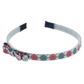 HB HairJewels - Lucy Collection - Preppy Argyle Headband w/Bow - Grey & Coral (1)