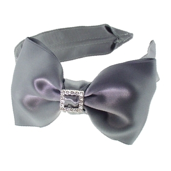 DaCee Designs - Large Satin Bow w/Rhinestone Buckle Headband - Grey