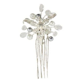 Betty Wales - Star Flower Pin w/Crystal Beads and Gray & White Pearls