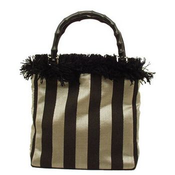Bongo Bags - Black & Silver Stripe Upholstery Fabric Bag w/ Bamboo Handle