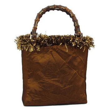 Bongo Bags - Crinkled Brown Upholstery Fabric Bag w/ Bamboo Handle