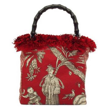 Bongo Bags - Red Oriental Upholstery Fabric Bag w/ Bamboo Handle