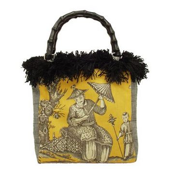 Bongo Bags - Yellow Oriental Upholstery Fabric Bag w/ Bamboo Handle