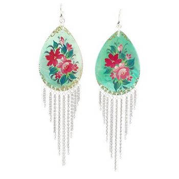 Chan Luu - Hand Painted Shell Earrings w/Chains - Teal - (Pair)