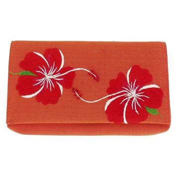 Chan Luu - Hawaiian Flowers Silk Wallet - Orange w/ Red Flowers