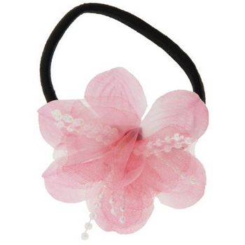 HB HairJewels - Lucy Collection - Chiffon & Pearl Flower Pony - Cotton Candy Pink