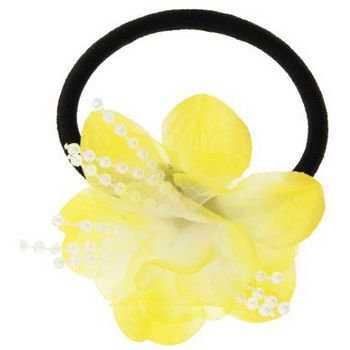 HB HairJewels - Lucy Collection - Chiffon & Pearl Flower Pony - Buttercup Yellow