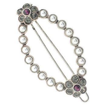 Linda Levinson - Oval Brooch Hairclip - Silver w/Swarovski Pearls, Garnets & Crystals (1)
