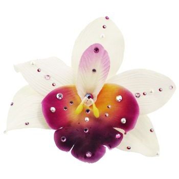 Michelle Roy - Large Silk Orchid Clip - White w/Fuchsia w/Swarovski Crystal Accents