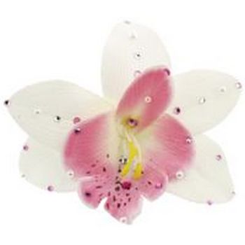 Michelle Roy - Large Silk Orchid Clip - White w/Pink w/Swarovski Crystal Accents