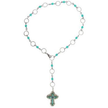 Seasonal Whispers - Pearl Cross Necklace w/Emerald & Aquamarine Crystals (1)