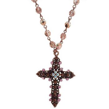 Seasonal Whispers - Jeweled Cross Necklace w/Pink Chocolate Crystals (1)