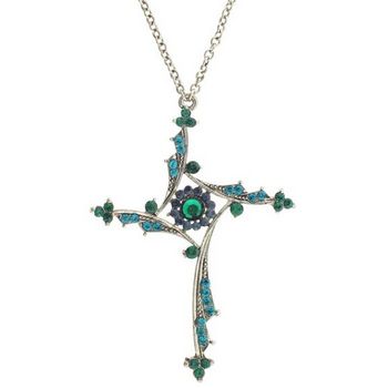 Seasonal Whispers - Cross Necklace w/Emerald Green & Aqua Crystals (1)