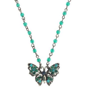 Seasonal Whispers - Small Butterfly Necklace w/Emerald Green & Beads & Crystals (1)