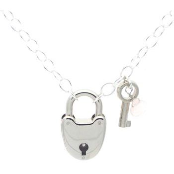 Karen Marie - Heart Lock Necklace - Silver with Pink Gem & Key