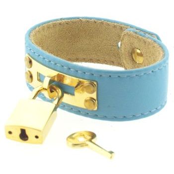 Sparkling Sage - Leather Cuff Bracelet - Turquoise with Gold Padlock/Key
