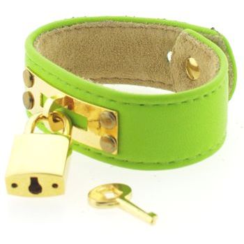 Karen Marie - Leather Cuff Bracelet - Lime Green with Gold Padlock/Key