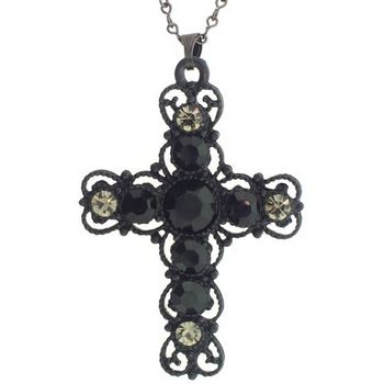 Yochi - Cross Necklace w/Vintage Inspired Stones (1) Black