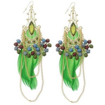 SOHO BEAT - Gypsy Love - Feather, Bead, and Gemstone Chandelier Earrings - Peridot