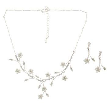 Karen Marie - Bridal Collection - Crystal & Pearl Flower Vine Necklace & Earring Set (Set of 3 pieces)