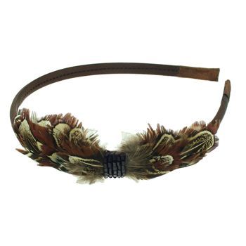 SBNY Accessories - Black Satin Headband with Cocoa Feather Tuft, Black Crystal Center