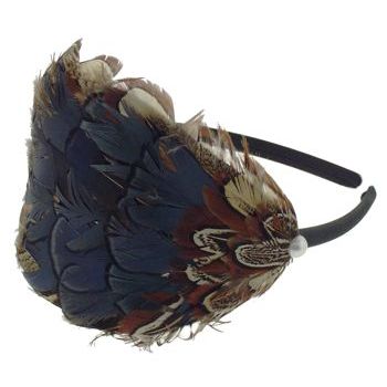 SBNY Accessories - Black Satin Headband with Large Cocoa Feather Tuft, Pearl Center