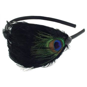 SBNY Accessories - Black Satin Headband with Large Raven Black and Peacock Feather Tuft, Onyx Crystal Center