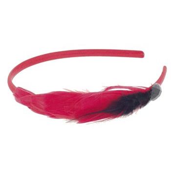 SBNY Accessories - Crimson Red Satin Headband with Red and Raven Black Feather Tuft, Onyx Crystal Center