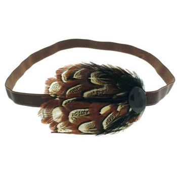 SBNY Accessories - Cocoa Feather Tuft with Onyx Crystal Center on Chocolate Brown Stretch Headband