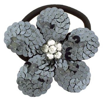 Balu - Sequin Flower Pony Tail - Gun Metal w/Silver Center (1)