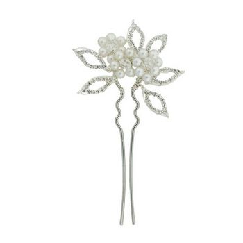 Balu - French Hair Pin w/Pearls & White Rhinestones - White/Silver (1)