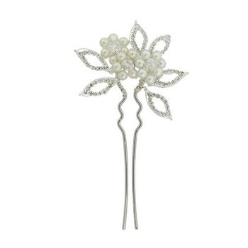 Balu - French Hair Pin w/Pearls & White Rhinestones - Ivory/Silver (1)