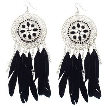 SOHO BEAT - Navajo Couture - Desert Walker Crystal and Feather Chandelier Earrings - Black Onyx