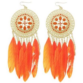 SOHO BEAT - Navajo Couture - Desert Walker Crystal and Feather Chandelier Earrings - Orange Coral