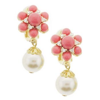 RJ Graziano - Coral, Diamond, and Pearl Swarovski Crystal Drop Earrings