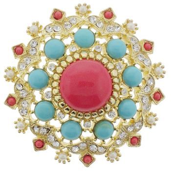 RJ Graziano - Vintage Spanish Inspired Medallion Style Coral, Turquoise, Pearl, and Diamond Swarovski Crystal Brooch Pin