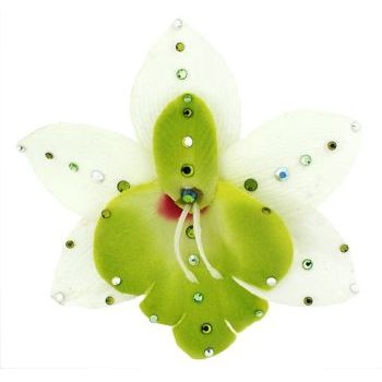 Michelle Roy - Large Silk Orchid Clip - White w/Lime w/Swarovski Crystal Accents