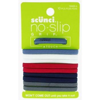 Scunci - No Slip Grip - Basic Flat No Damage Elastics - Indigo, White, Red, Navy & Gray (2 of each color)