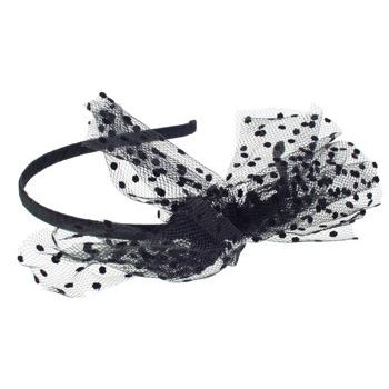 SBNY Accessories - Black Ribbon Wrapped Headband with Polka Dot Lace Bow