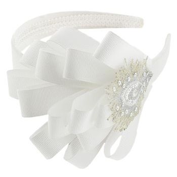SBNY Accessories - Sequined Peacock Feather with Layered Ribbon Satin Headband - Alpine White