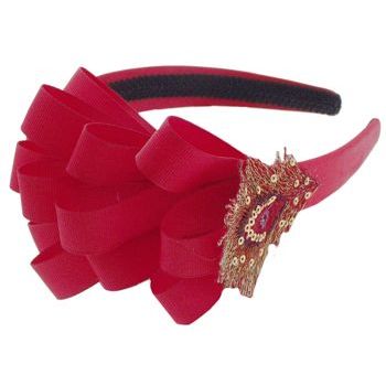 SBNY Accessories - Sequined Peacock Feather with Layered Ribbon Satin Headband - Cherry Red