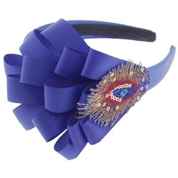 SBNY Accessories - Sequined Peacock Feather with Layered Ribbon Satin Headband - Royal Blue