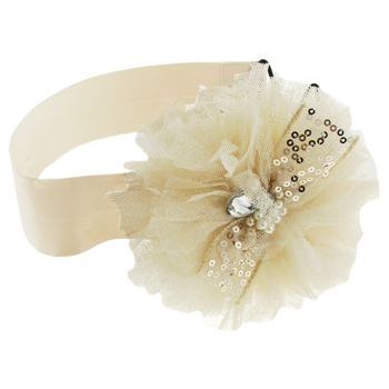 SBNY Accessories - Couture - Marigold - Satin Bandeau with Blooming Flower of Lace, Sequins, Pearls, and Crystals - Champagne
