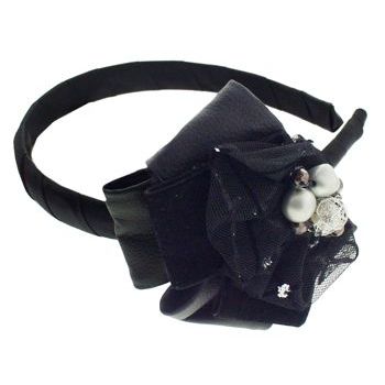 SBNY Accessories - Couture - Fern - Crushed Velvet, Leather, and Lace with Beads and Metalwork Headband - Midnight Black