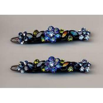 Crystal Flower Barrettes - Blue w/ Green