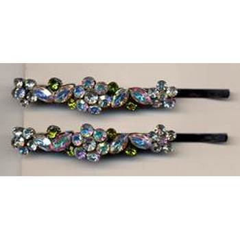 Crystal Flower Barrettes - White w/ Green