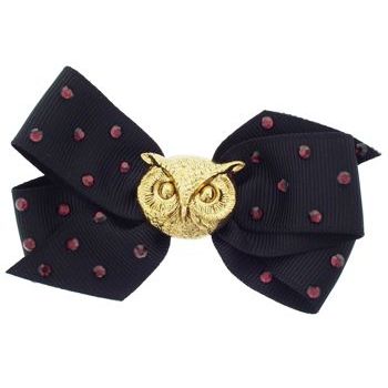Tarina Tarantino - Grograin Ribbon Bow w/Owl and Ruby Swarovski Anywhere Clip - Black