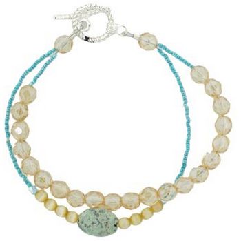 Pink Lily - Bracelet - Two Strand - Champagne & Turquoise Beads & Lavender w/Speckled Blue Turquoise Bead Centerpiece (1)