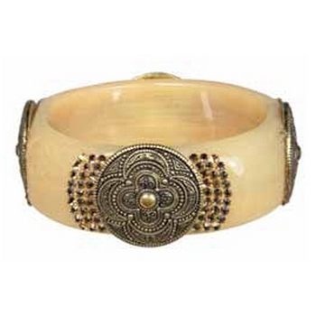 Tarina Tarantino - Topkapi - Harem Armill - Antique Cabochon and Swarovski Crystal Squared Bangle Bracelet - Brun Scarabee